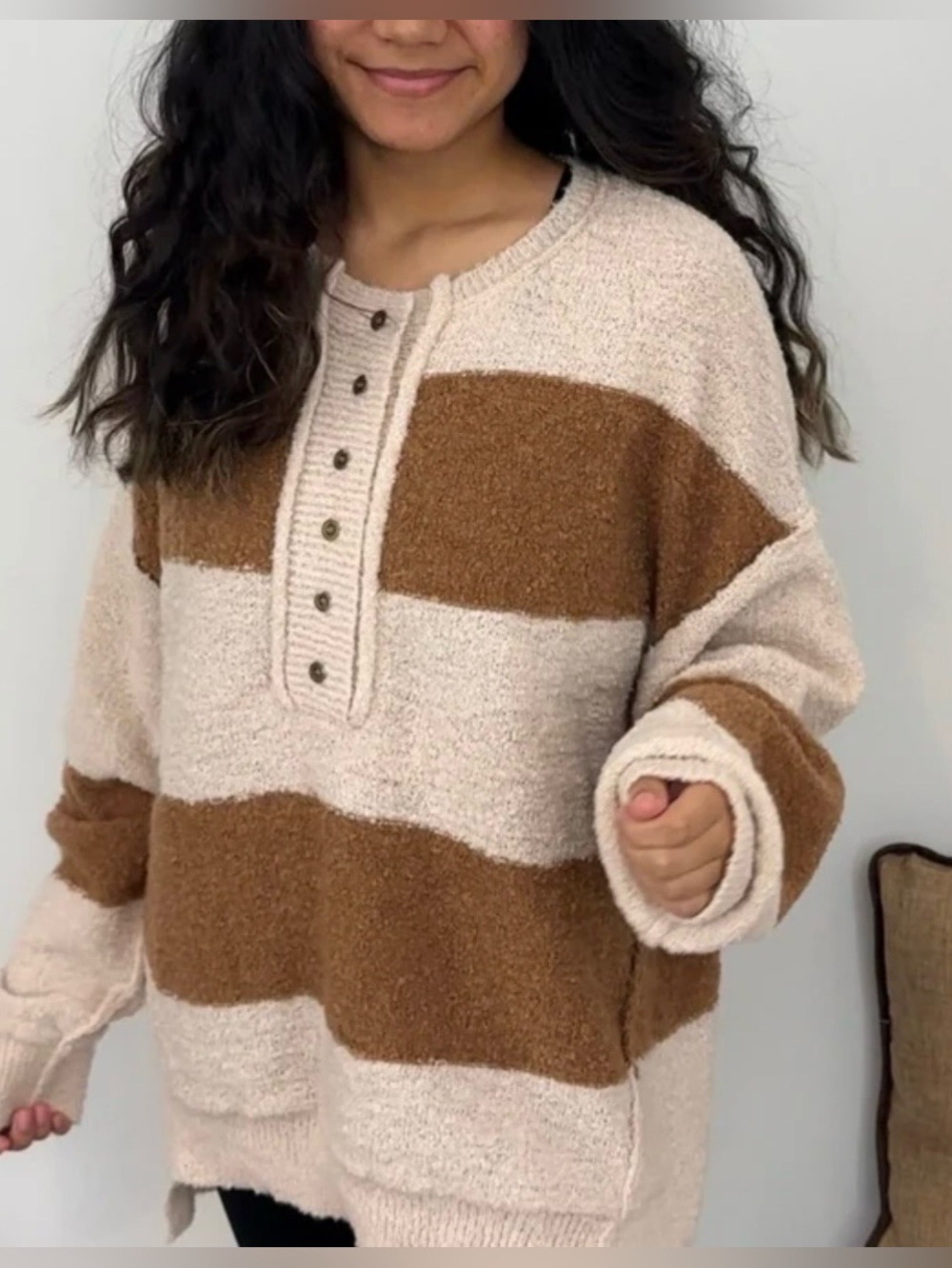 Striped Henley Pullover Sweater in Cream and Brown